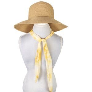 NWOT Nine West Tan Straw w/ Yellow Scarf Womens Panama Hat One Size